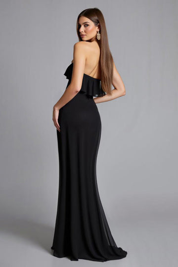 Black Off the Shoulder Ruffled Long Formal Dress with Slit